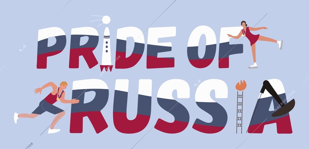 Russia symbol flat text composition with flag colored text surrounded by rockets sportsmen characters and oil vector illustration