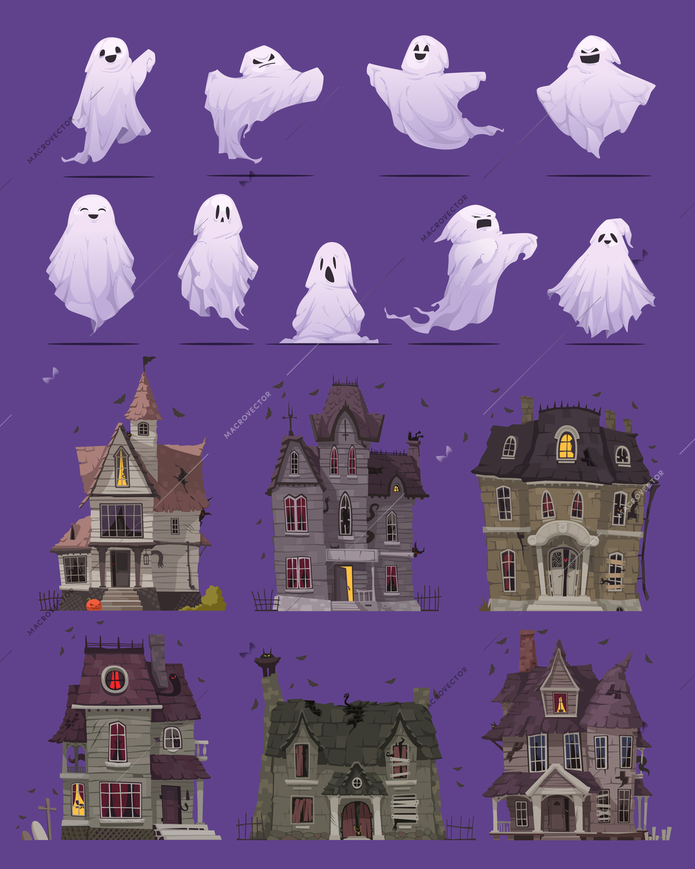 Ghost creatures and old abandoned houses cartoon icons set isolated vector illustration