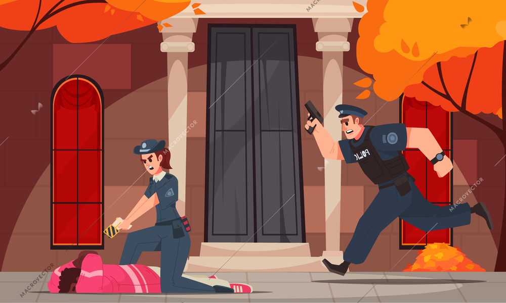 Police cartoon scene with male and female officers arresting criminal suspect vector illustration