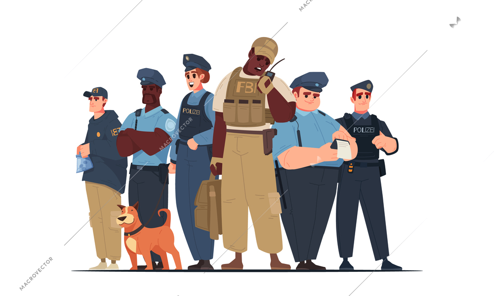 Police team cartoon concept with male and female officers and guard dog vector illustration