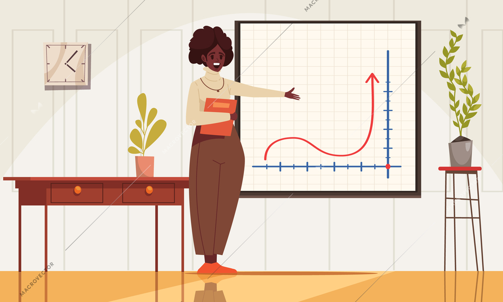 School math cartoon concept with female teacher explaning graph vector illustration