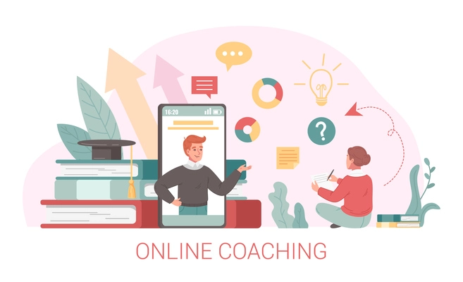 Coaching flat cartoon concept with online training scene vector illustration