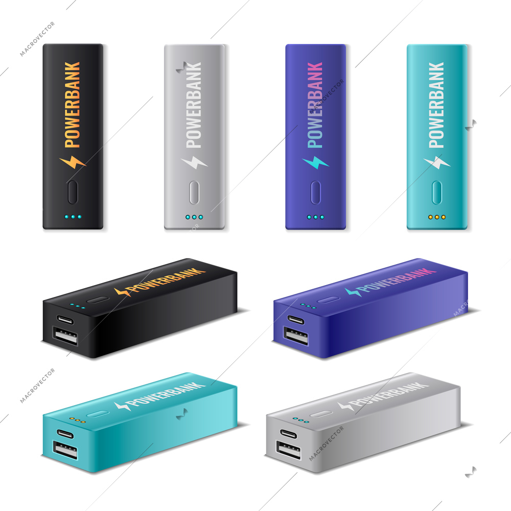 Powerbank realistic icons set with multicolored battery chargers isolated vector illustration