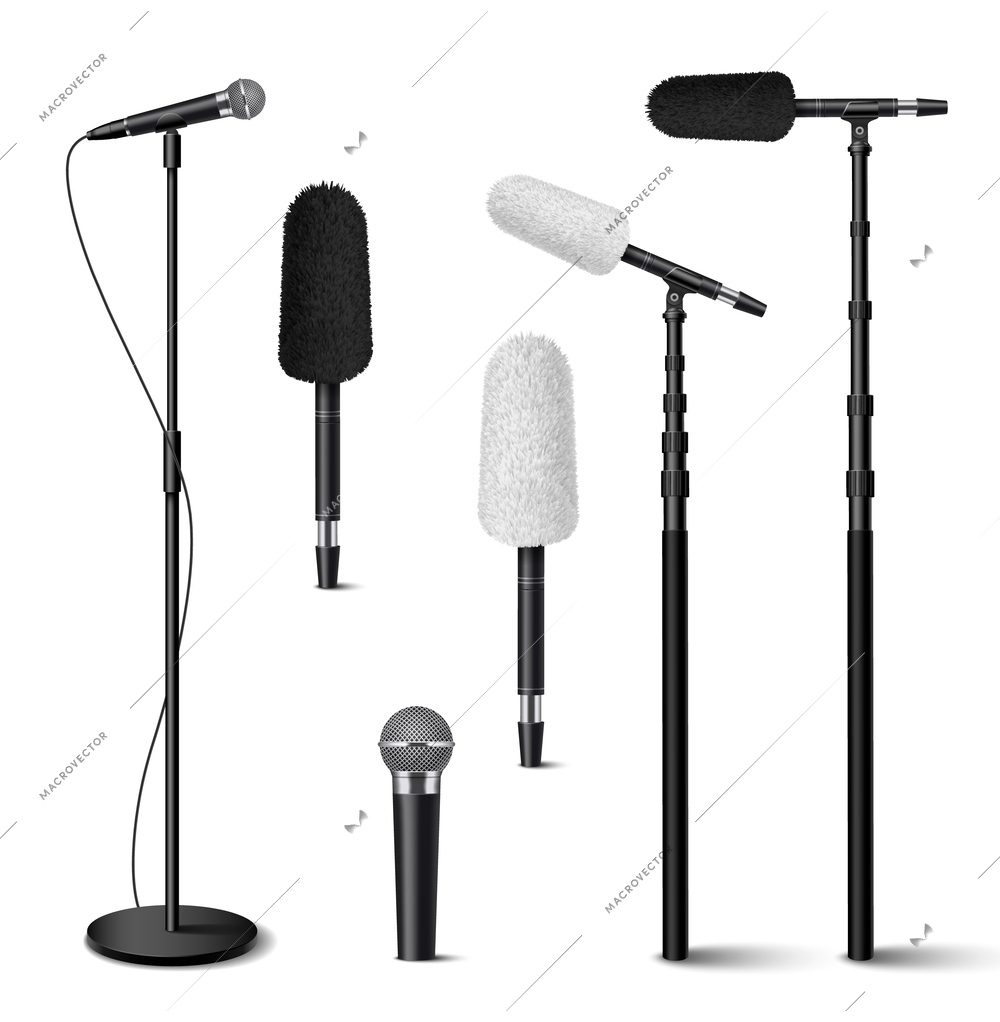 Microphones realistic icons set with classic metal audio devices isolated on white background vector illustration