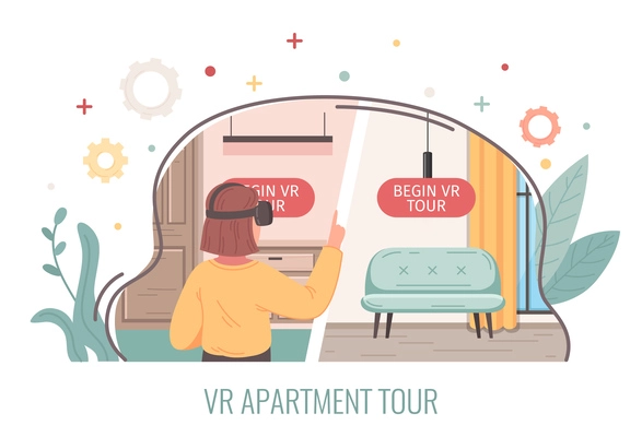 Virtual reality cartoon concept with vr apartment tour vector illustration