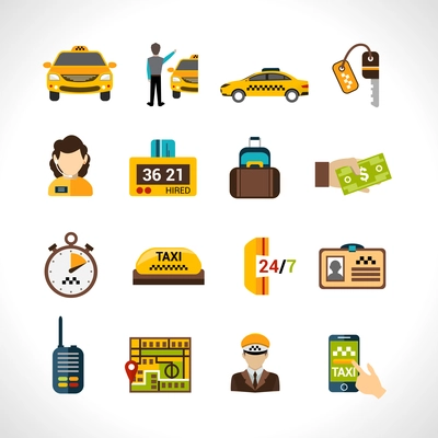 Taxi service icons set wth payment cab driver id isolated vector illustration