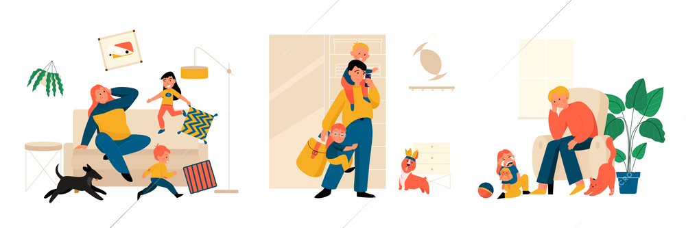 Stressed parenting flat set with tired mothers and fathers and mischievous children crying and making mess isolated vector illustration