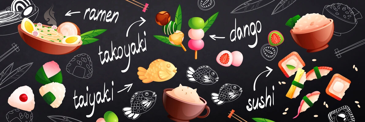 Cute asian food seamless pattern with ramen sushi dango taiyaki takoyaki on chalk board background vector illustration