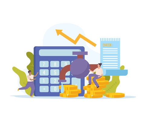 Energy economy flat composition of images with coin stacks representing water leakage with calculator and people vector illustration