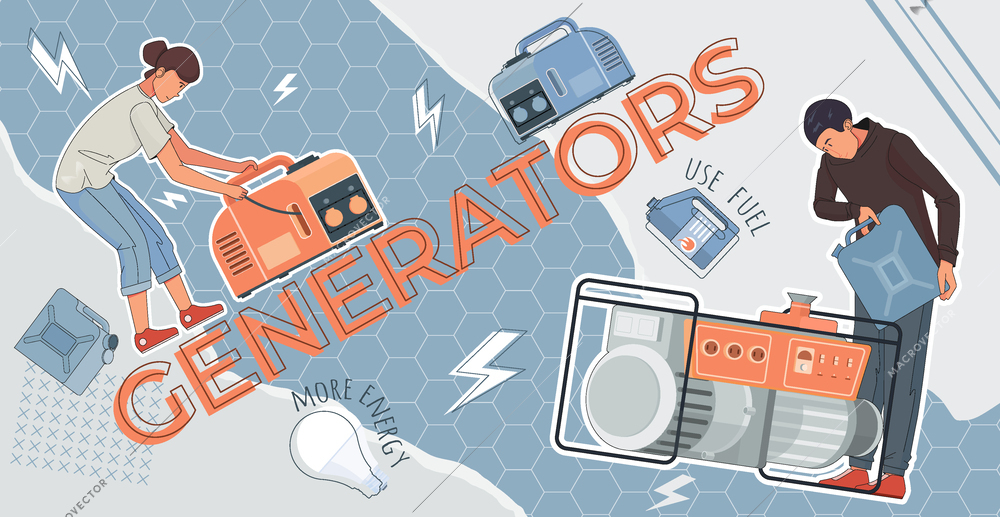 Electric generator composition with collage of flat icons doodle human characters filling up devices with fuel vector illustration