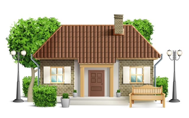 Realistic cottage composition clean cut new cottage with a brown roof stands among the trees vector illustration