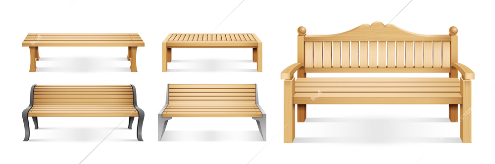 Realistic wooden park benches icon set five different types of benches with and without backrest vector illustration