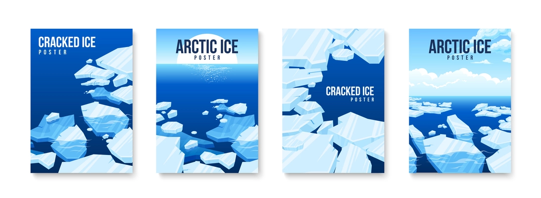 Frozen arctic cracked ice vertical isolated poster set with descriptions and headlines vector illustration