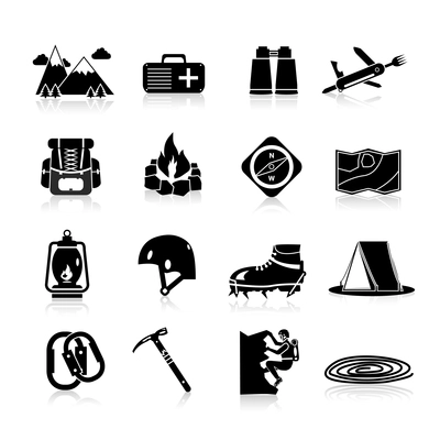 Climbing hiking and mountaineering equipment icons black set isolated vector illustration
