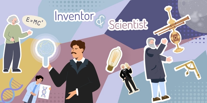 Inventor scientist composition with collage of flat elements characters of academical celebrities research tools and text vector illustration
