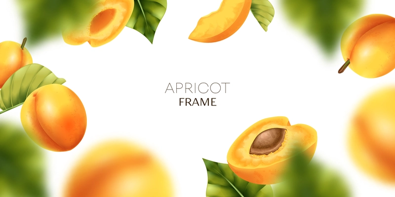Realistic apricot frame composition with editable text and blurry background with flying fruits and ripe leaves vector illustration
