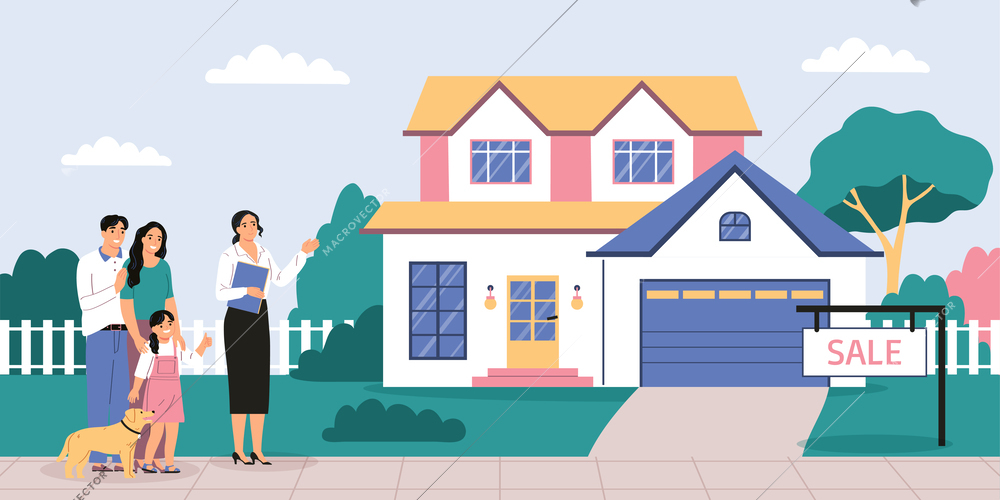 Real estate flat concept with happy family looking for new house vector illustration