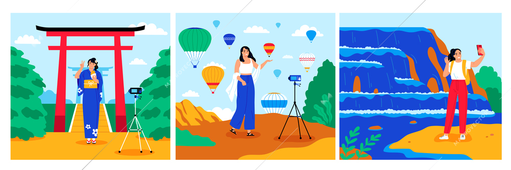 Travel blogger flat poster set with woman making selfie video on tourist landmarks background isolated vector illustration