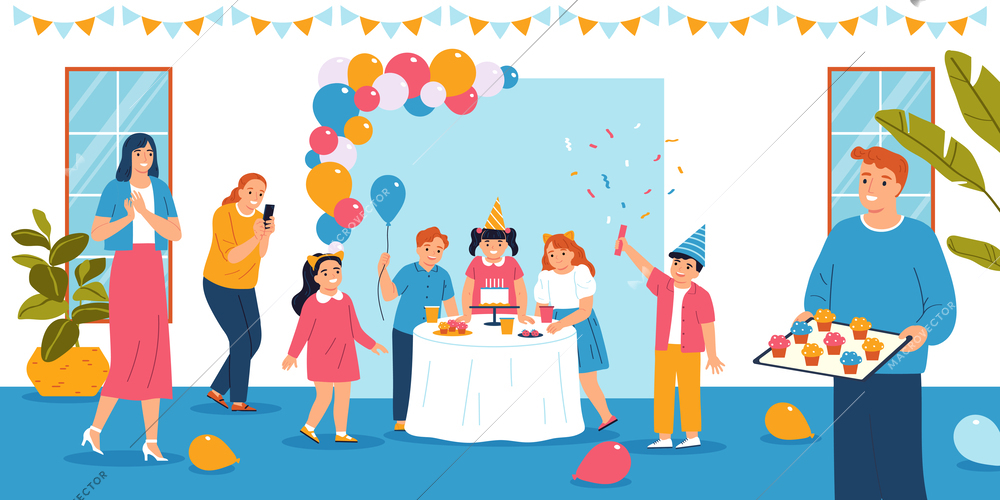 Children party flat concept with happy children celebrating friend birthday vector illustration