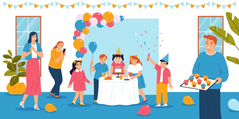 Children party flat concept with happy children celebrating friend birthday vector illustration