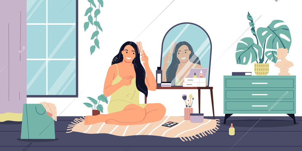 Daily hygiene routine flat concept with woman brushing hairs vector illustration