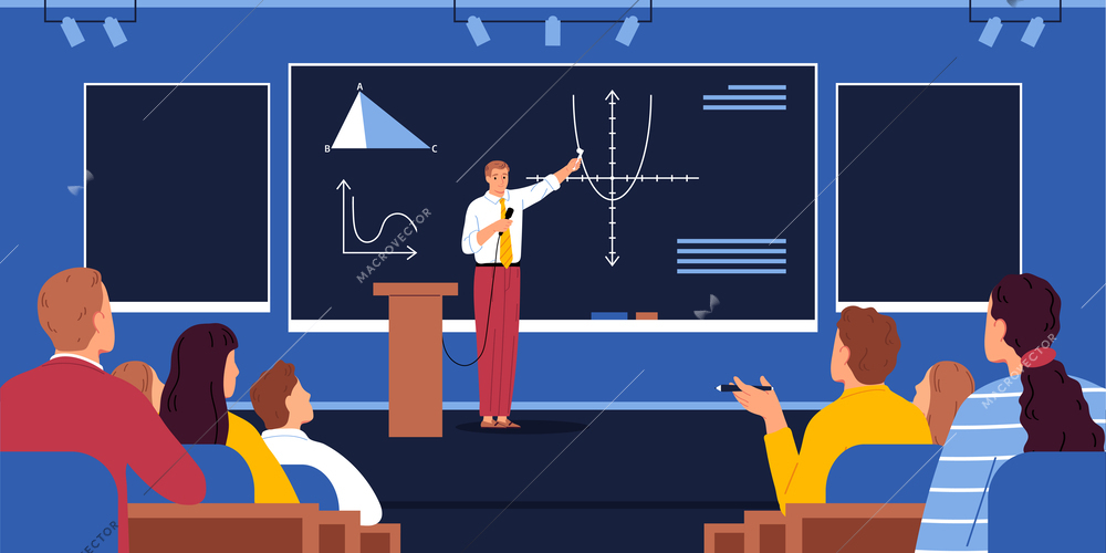 Conference flat concept with lecturer in front of school board vector illustration