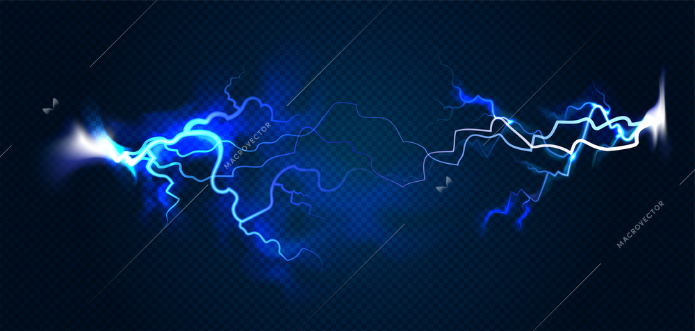 Lightning realistic composition with  bright blue glowing neon discharges at transparent background vector illustration