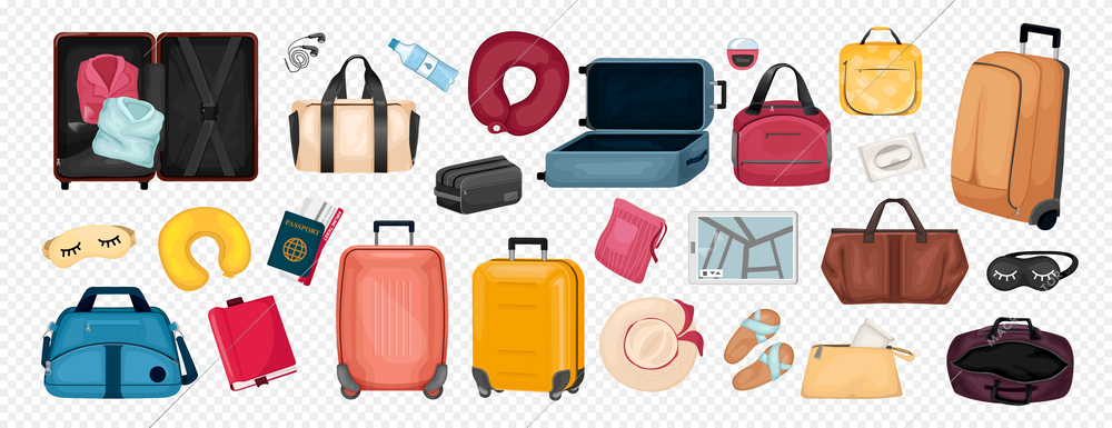 Travel cartoon color set of bags suitcases on wheels and touristic accessories at transparent background isolated vector illustration