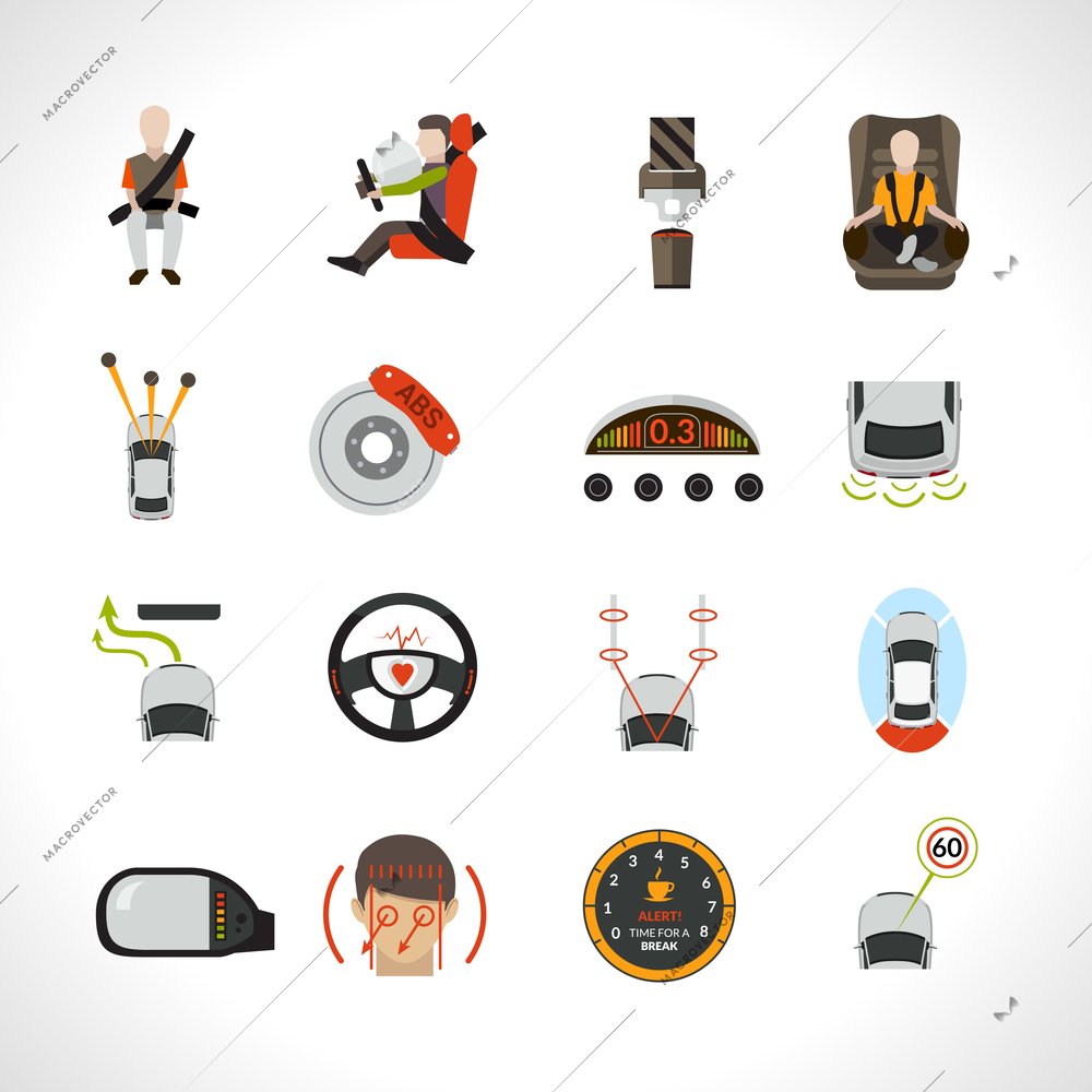 Car safety system safe driver and passenger transportation icons set isolated vector illustration