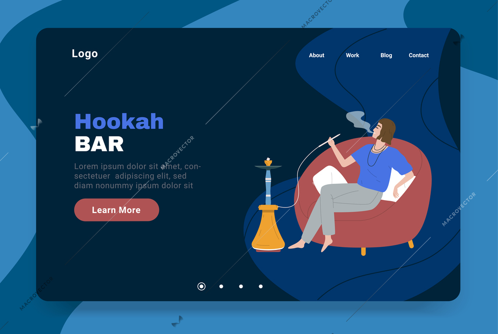 Horizontal hookah bar flat banner or landing page with links headline and red learn more button vector illustration
