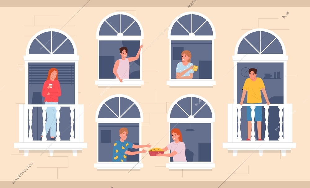 People neighbors communicating flat composition people lean out of windows and talk to each other vector illustration