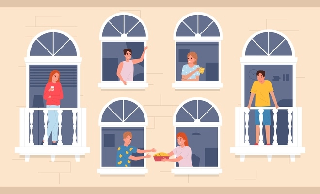 People neighbors communicating flat composition people lean out of windows and talk to each other vector illustration