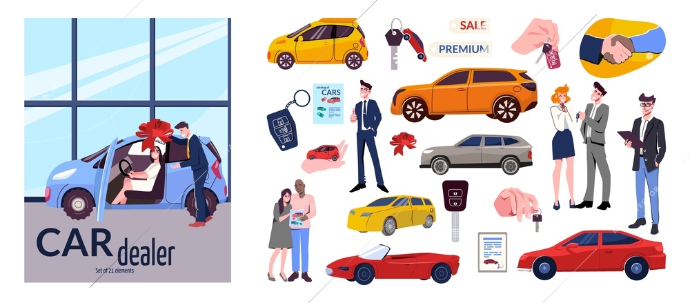 Car dealership flat set with various types of cars dealers and happy customers isolated vector illustration