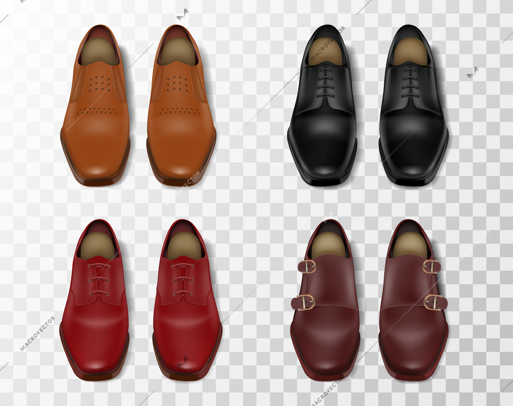 Four shiny leather male shoes realistic set of different colors and models isolated at transparent background vector illustration