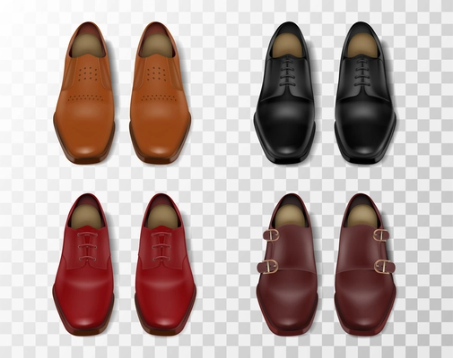 Four shiny leather male shoes realistic set of different colors and models isolated at transparent background vector illustration
