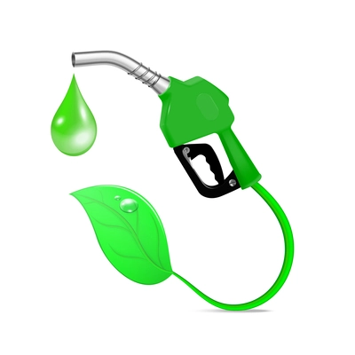 Biofuel realistic design concept with handle pump nozzle green leaf and green fuel drop vector illustration