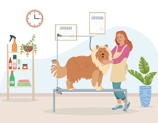 Dog grooming concept with collie style symbols flat vector illustration