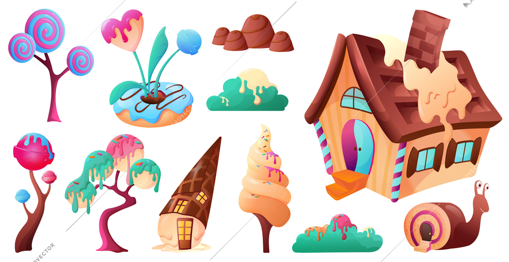 Fantasy candy land elements set with sweet houses and trees cartoon isolated vector illustration