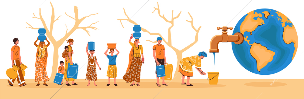Water scarcity flat concept composition with human characters of starving people pouring water from earth globe vector illustration