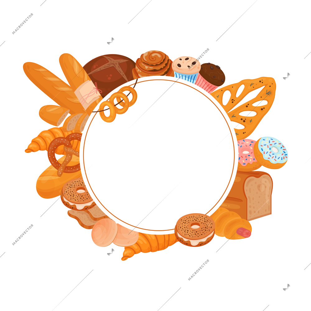 Bakery products flat composition of empty circle surrounded by pastry products bread and sweet donuts cookies vector illustration