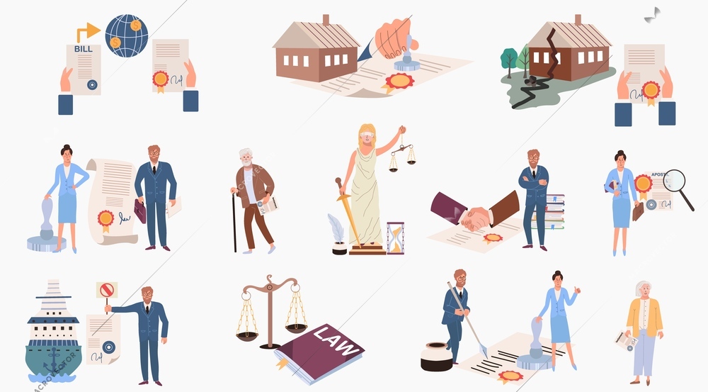 Notary icons set with law symbols flat isolated vector illustration