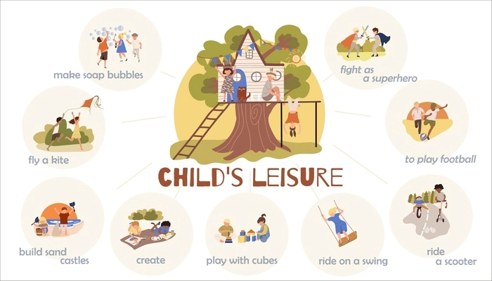 Playing children infographic set with kid leisure symbols flat vector illustration