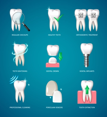 Teeth treatment realistic icons set with dental implants and artificial veneers isolated vector illustration