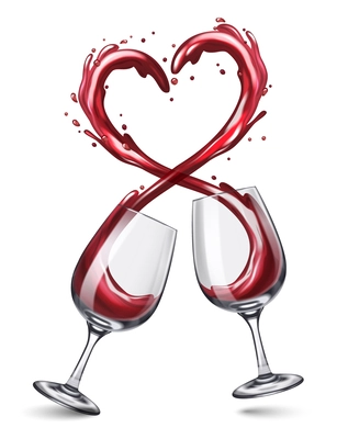 Glassware wine glass realistic heart splash composition with isolated view of clinking glasses with heart shape vector illustration