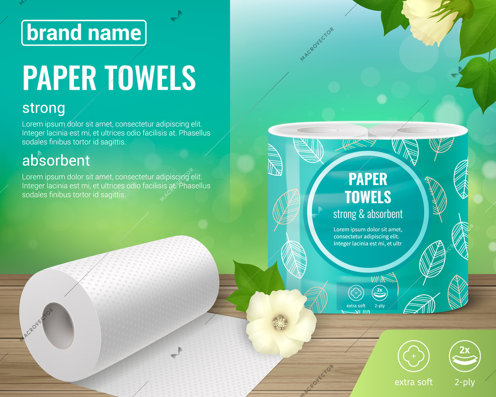 Toilet paper kitchen towels rolls realistic advertising background with images of flowers editable text and icons vector illustration