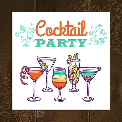 Cocktail party invitation poster with hand drawn alcohol drinks vector illustration