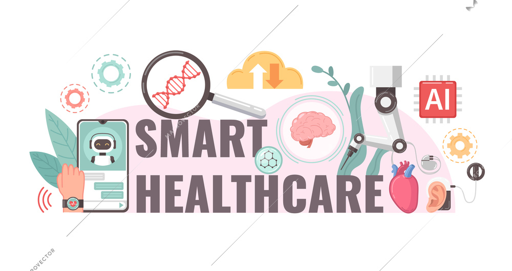 Smart healthcare digital health flat composition of text gear icons images of gadgets and artificial intelligence vector illustration