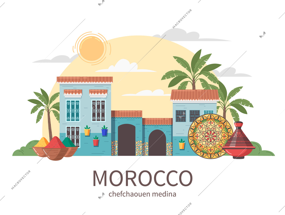 Morocco touristic travel flat composition with editable text and front view of chefchaouen medina ancient building vector illustration