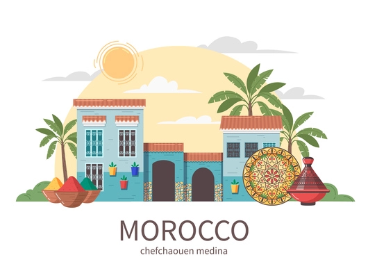 Morocco touristic travel flat composition with editable text and front view of chefchaouen medina ancient building vector illustration