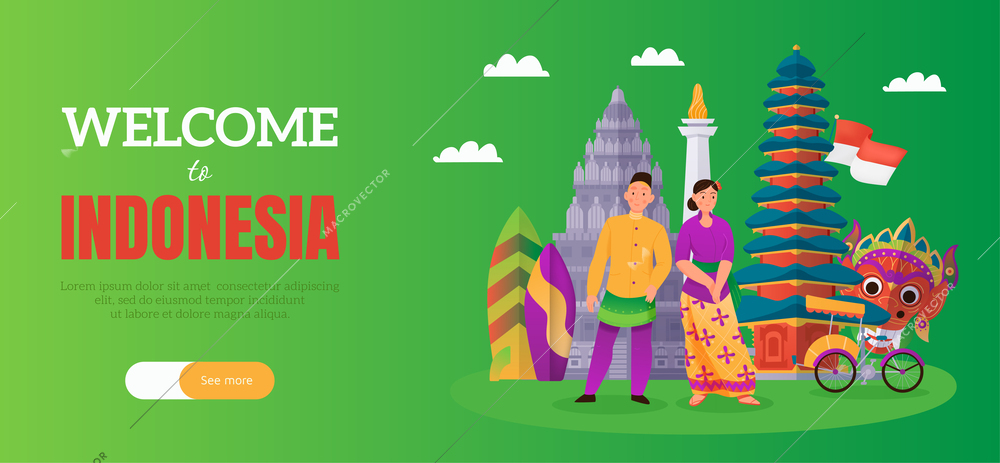 Indonesia flat poster with people in traditional costumes and country landmarks on background vector illustration